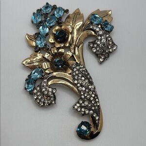 Large Gold and Blue Floral Brooch